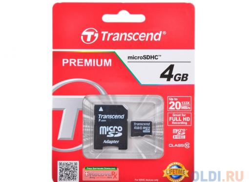 MicroSDHC Transcend  4GB Class10 + Адаптер (TS4GUSDHC10)