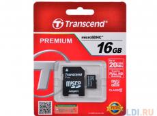 MicroSDHC Transcend 16GB Class10 + Адаптер (TS16GUSDHC10)