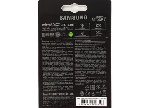 Карта памяти MicroSDXC 128GB Samsung EVO Plus v2 UHS-I U3 + SD Adapter (R100/W90Mb/s) (MB-MC128GA/RU)