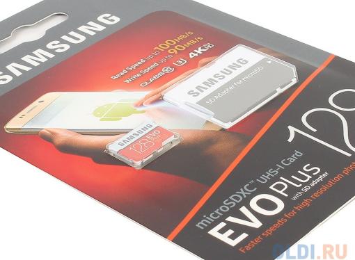 Карта памяти MicroSDXC 128GB Samsung EVO Plus v2 UHS-I U3 + SD Adapter (R100/W90Mb/s) (MB-MC128GA/RU)