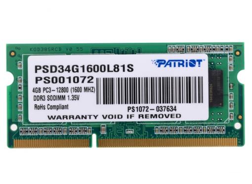 Память SO-DIMM DDR3 4Gb (pc-12800) 1600MHz 1.35V Patriot PSD34G1600L81S