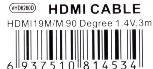 Кабель VCOM HDMI 19M/M-угловой коннектор 3м, 1.4V позолоченные контакты (VHD6260D-3MB) Blister