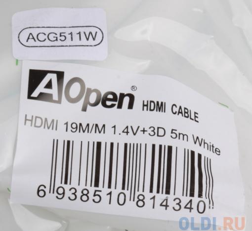 Кабель HDMI 19M/19M 5.0m Ver1.4 +3D/Ethernet AOpen [ACG511W-5M] белый, позолоченные контакты