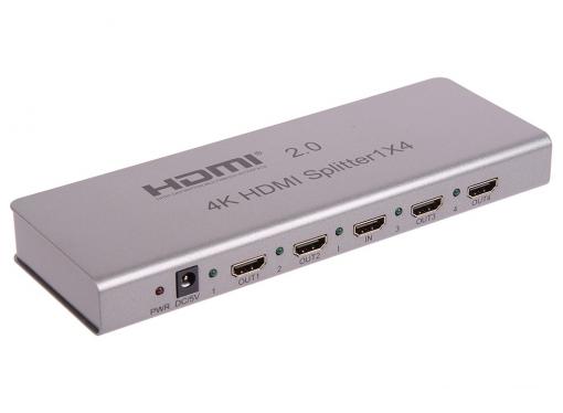 Разветвитель HDMI 4K Splitter ORIENT HSP0104H-2.0, 1-4, HDMI 2.0/3D, UHDTV 4K/ 60Hz (3840x2160)/HDTV1080p, HDCP2.2, EDID управление, RS232 порт, IR в