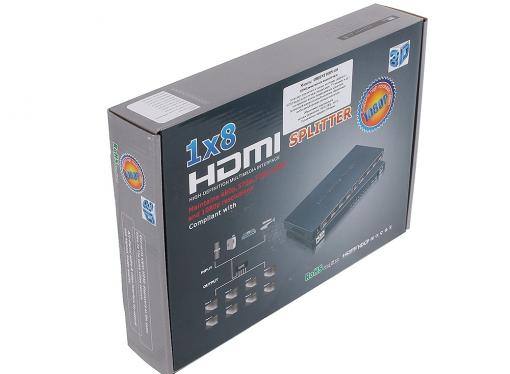 Разветвитель HDMI Splitter Orient HSP0108, 1-8, HDMI 1.4/3D, HDTV1080p/1080i/720p, HDCP1.2, внешний БП 5В/3A, метал.корпус