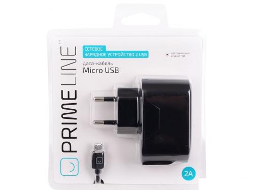 Сетевое зарядное устройство Prime Line 2314 2 USB, 2.1A, micro USB дата-кабель, черный