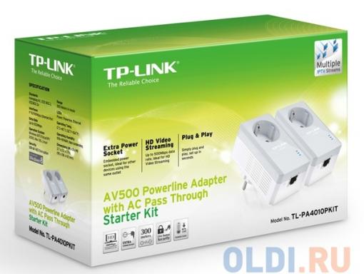Адаптер TP-LINK TL-PA4010PKIT Базовый комплект адаптеров Powerline стандарта AV500 со встроенной розеткой