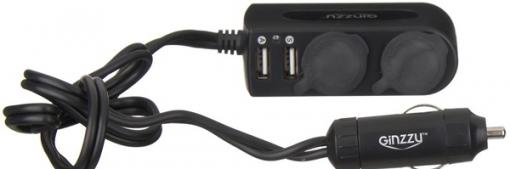 Разветвитель автоприкуривателя GINZZU GA-4615UB АЗУ 5В/3.0A, 2xUSB, 2 розетки + удлинитель