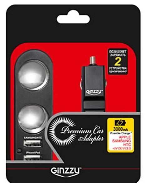 Разветвитель автоприкуривателя GINZZU GA-4615UB АЗУ 5В/3.0A, 2xUSB, 2 розетки + удлинитель