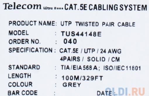 Сетевой кабель бухта 100м UTP 5e Telecom Ultra TUS44148E 4 пары, одножильный, 24AWG/0.51мм