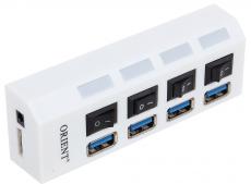 Концентратор USB3.0 HUB 4 порта Orient BC-307 выключатели на каждый порт, цвет белый