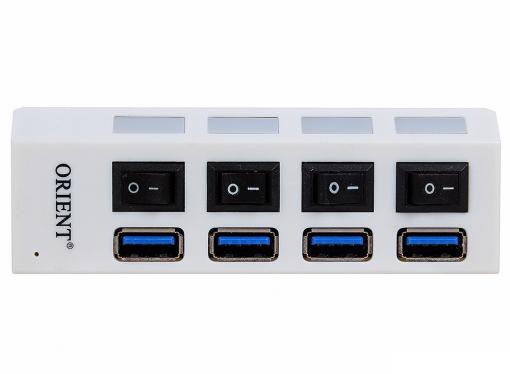 Концентратор USB3.0 HUB 4 порта Orient BC-307 выключатели на каждый порт, цвет белый