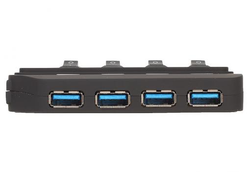 Концентратор USB 3.0 ORIENT BC-306PS, USB 3.0 HUB 4 Ports, c БП-зарядником 2xUSB (5В, 2.1А), выключатели на каждый порт, черный