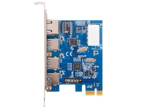 Контроллер ORIENT VA-3U3A88PE, PCI-E USB 3.0 3ext port + Gigabit Ethernet port (RJ45), VIA VL805 + ASIX AX88179 chipset, разъем доп.питания, oem
