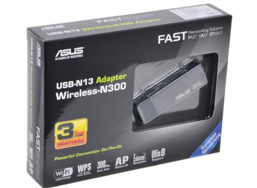 Беспроводной Wi-Fi адаптер ASUS USB-N13 802.11bgn, 300Mbps, 2.4GHz, USB