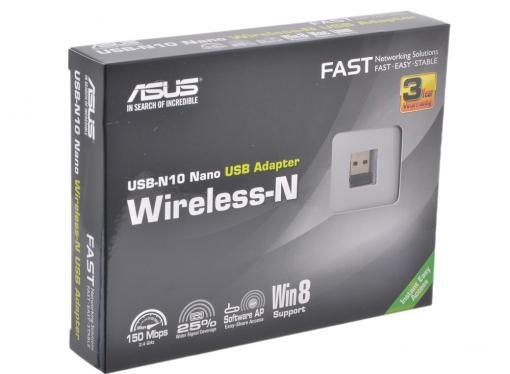 Беспроводной Wi-Fi адаптер ASUS USB-N10 NANO 802.11bgn, 150Mbps, 2.4GHz, USB