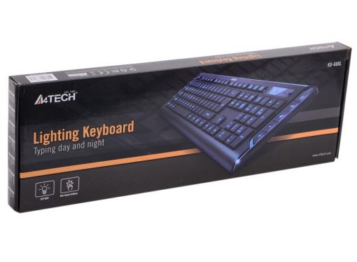 Клавиатура A4Tech KD-600L, черн, синяя подсветка символов, слим, 10 доп. клавиш, USB